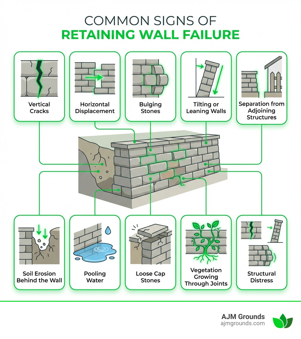 Infographic showing common signs of retaining wall failure including vertical cracks, horizontal displacement, bulging stones, tilting or leaning walls, separation from adjoining structures, soil erosion behind the wall, pooling water, loose cap stones, and vegetation growing through joints - retaining wall repair near me infographic Infographic showing common signs of retaining wall failure including vertical cracks, horizontal displacement, bulging stones, tilting or leaning walls, separation from adjoining structures, soil erosion behind the wall, pooling water, loose cap stones, and vegetation growing through joints - retaining wall repair near me infographic