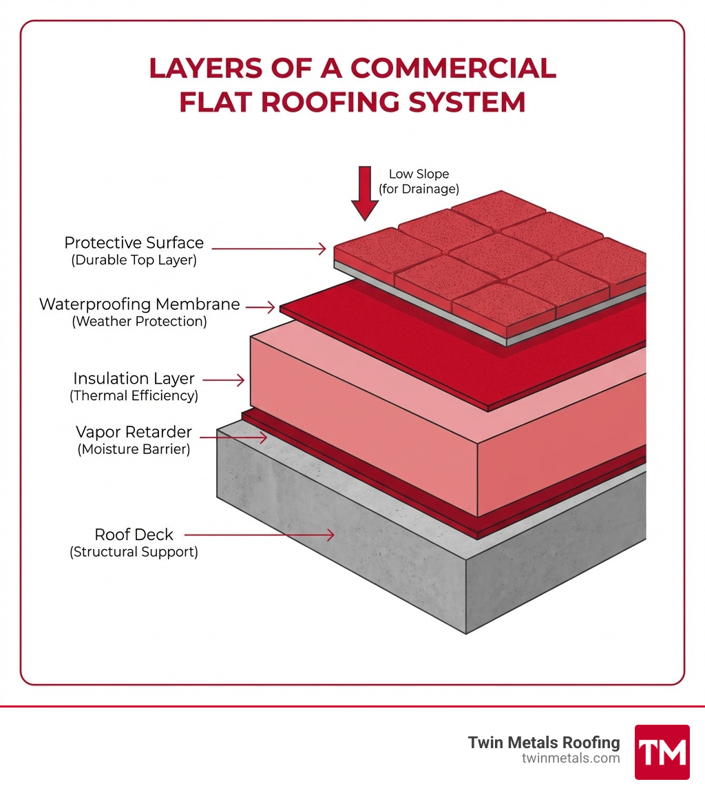 infographic showing layers of commercial flat roofing system including roof deck, vapor retarder, insulation layer, waterproofing membrane, and protective surface - flat roof commercial infographic infographic showing layers of commercial flat roofing system including roof deck, vapor retarder, insulation layer, waterproofing membrane, and protective surface - flat roof commercial infographic