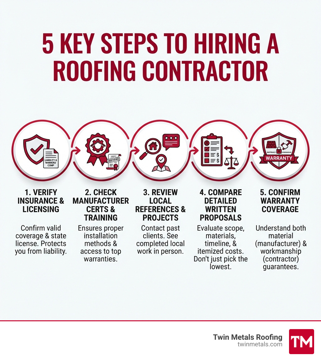infographic showing the five key steps to hiring a roofing contractor: verify insurance and licensing, check manufacturer certifications and training, review local references and completed projects, compare detailed written proposals from multiple contractors, and confirm warranty coverage for both materials and workmanship - Roofing Contractors Near Me infographic infographic showing the five key steps to hiring a roofing contractor: verify insurance and licensing, check manufacturer certifications and training, review local references and completed projects, compare detailed written proposals from multiple contractors, and confirm warranty coverage for both materials and workmanship - Roofing Contractors Near Me infographic