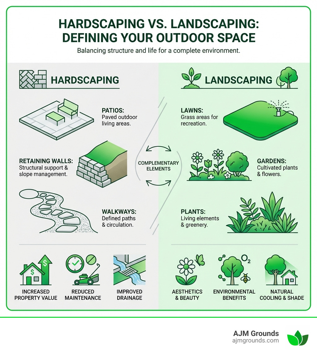 Infographic showing hardscaping vs landscaping with examples of patios, retaining walls, and walkways compared to lawns, gardens, and plants, plus benefits like increased property value, reduced maintenance, and improved drainage - Hardscaping in Winchester MA infographic 