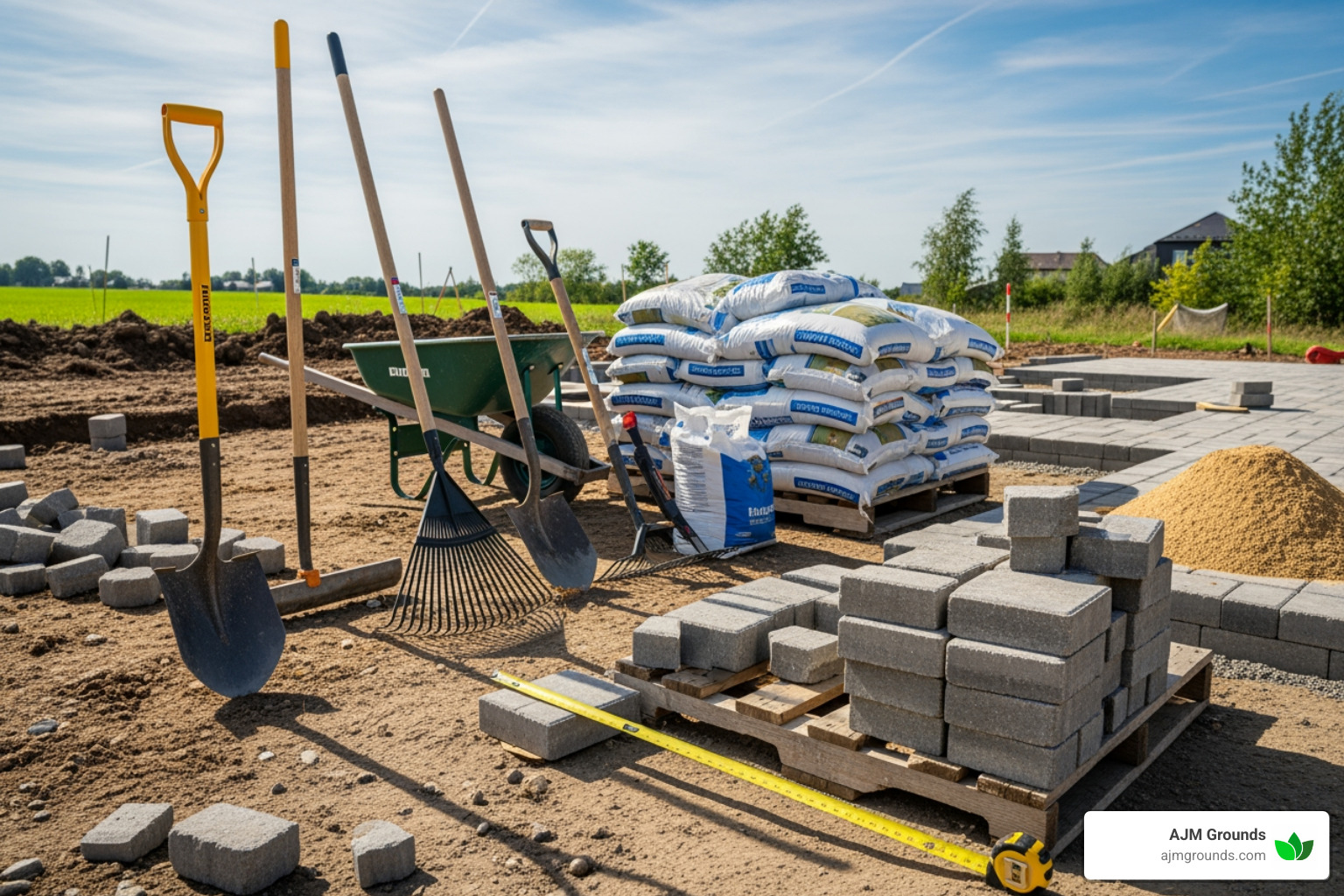 Various hardscaping tools and materials, ready for installation - Hardscaping Winchester MA