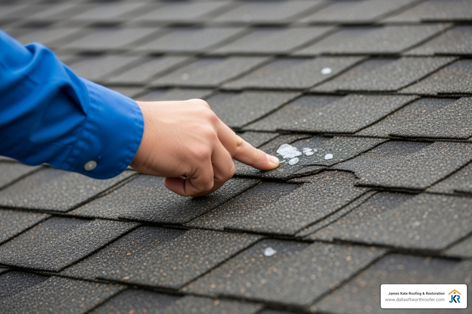 Close-up of a hail-damaged shingle being inspected by a professional in a royal blue James Kate shirt - Residential roofing DFW Close-up of a hail-damaged shingle being inspected by a professional in a royal blue James Kate shirt - Residential roofing DFW