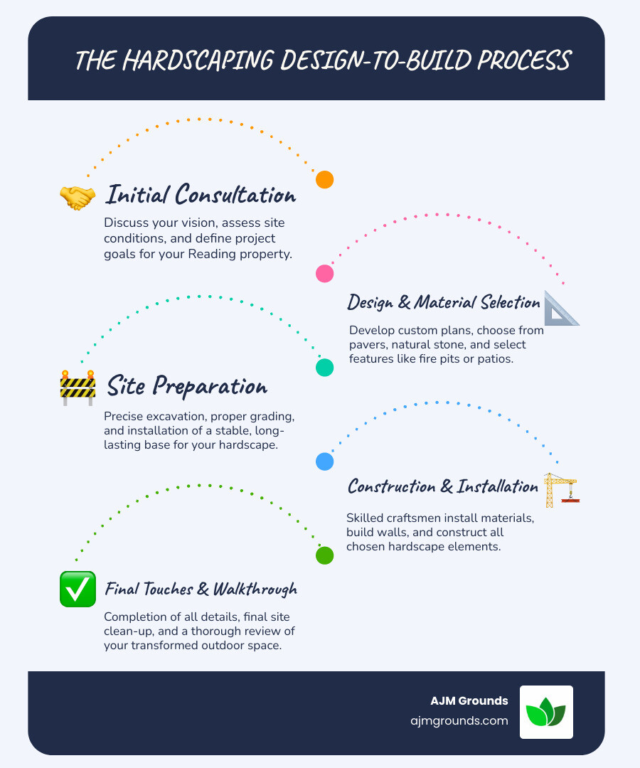 Detailed infographic showing the hardscaping process from initial consultation and site assessment, through design planning and material selection, to installation steps including excavation and base preparation, followed by final grading and finishing touches - Hardscaping contractor Reading MA infographic infographic-line-5-steps-blues-accent_colors