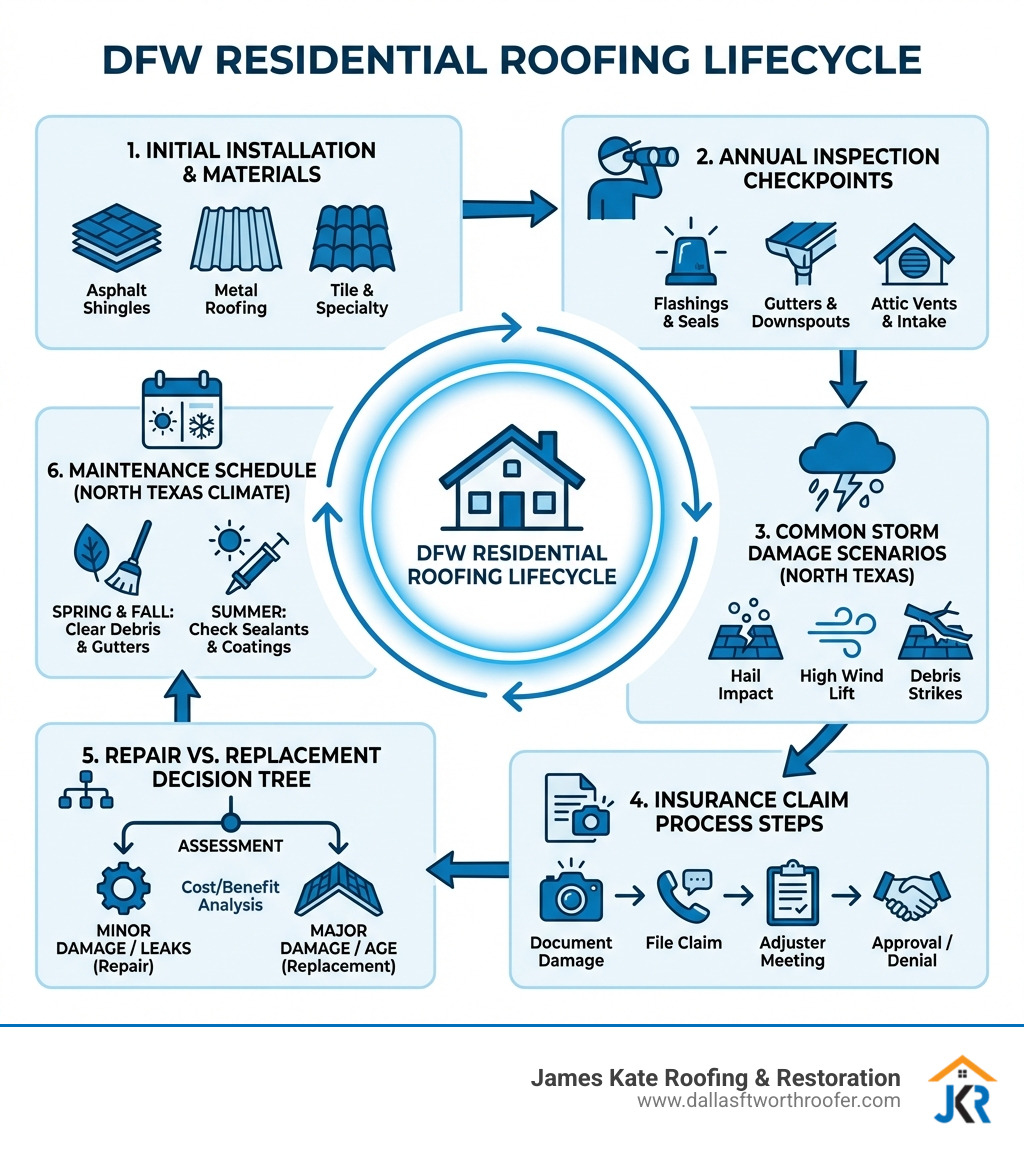 Detailed infographic showing the complete DFW residential roofing lifecycle: initial installation with material options, annual inspection checkpoints, common storm damage scenarios, repair vs replacement decision tree, insurance claim process steps, and maintenance schedule for North Texas climate - Residential roofing DFW infographic Detailed infographic showing the complete DFW residential roofing lifecycle: initial installation with material options, annual inspection checkpoints, common storm damage scenarios, repair vs replacement decision tree, insurance claim process steps, and maintenance schedule for North Texas climate - Residential roofing DFW infographic
