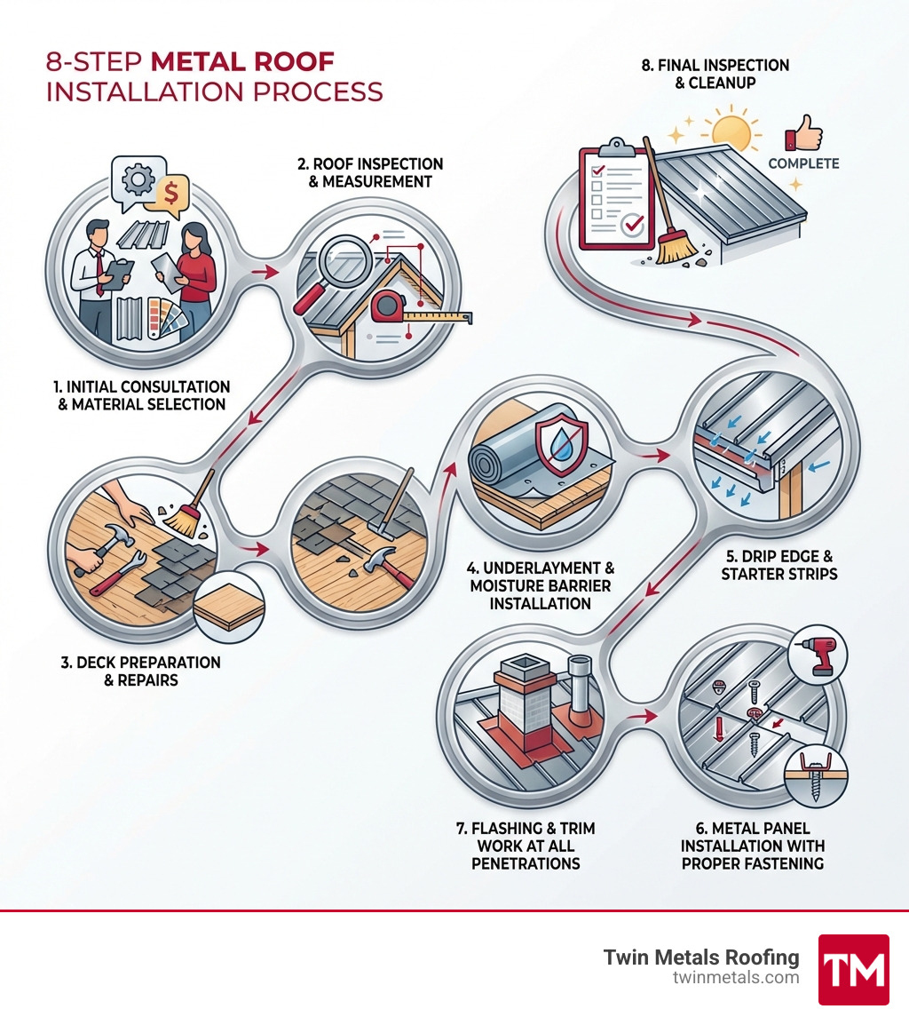infographic showing the 8-step metal roof installation process: 1. Initial consultation and material selection, 2. Roof inspection and measurement, 3. Deck preparation and repairs, 4. Underlayment and moisture barrier installation, 5. Drip edge and starter strips, 6. Metal panel installation with proper fastening, 7. Flashing and trim work at all penetrations, 8. Final inspection and cleanup - Metal roof installers infographic infographic showing the 8-step metal roof installation process: 1. Initial consultation and material selection, 2. Roof inspection and measurement, 3. Deck preparation and repairs, 4. Underlayment and moisture barrier installation, 5. Drip edge and starter strips, 6. Metal panel installation with proper fastening, 7. Flashing and trim work at all penetrations, 8. Final inspection and cleanup - Metal roof installers infographic