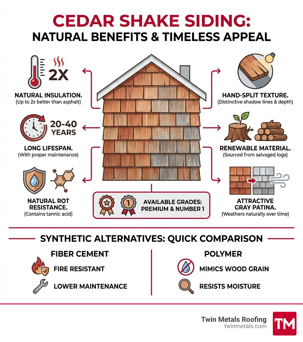 Infographic showing cedar shake siding benefits: natural insulation (2x better than asphalt), 20-40 year lifespan with maintenance, natural rot resistance from tannic acid, distinctive hand-split texture creates shadow lines, renewable material from salvaged logs, weathers to attractive gray patina, available in Premium and Number 1 grades, versus synthetic alternatives like fiber cement (fire resistant, lower maintenance) and polymer (mimics wood grain, resists moisture) - cedar shake siding infographic 