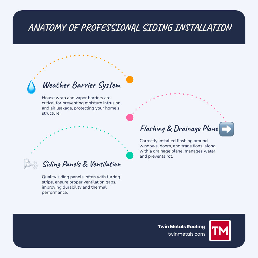 infographic showing the complete anatomy of professional siding installation including weather resistant barrier house wrap vapor barrier flashing systems furring strips siding panels and proper ventilation gaps with labels for each layer - siding contractors near me infographic infographic-line-3-steps-blues-accent_colors infographic showing the complete anatomy of professional siding installation including weather resistant barrier house wrap vapor barrier flashing systems furring strips siding panels and proper ventilation gaps with labels for each layer - siding contractors near me infographic infographic-line-3-steps-blues-accent_colors