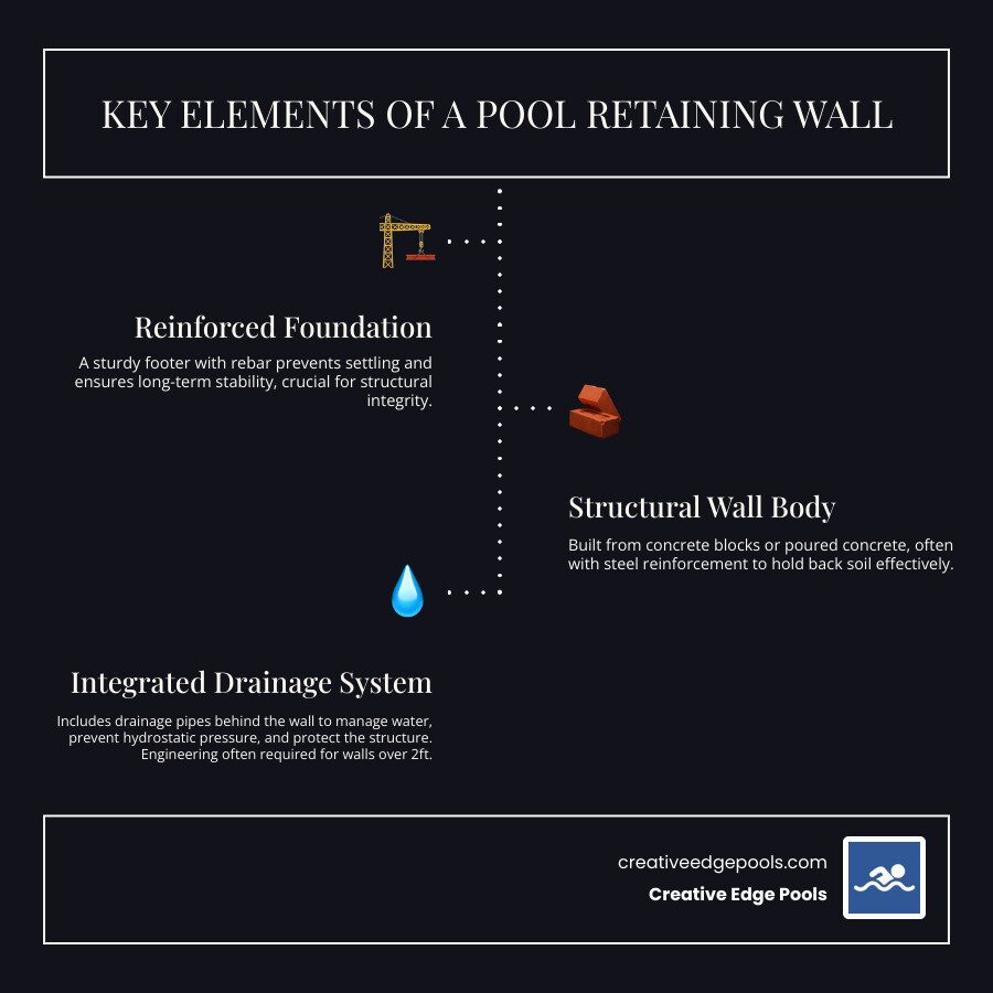 Infographic showing concrete pool retaining wall components: footer with rebar at base, stacked concrete blocks with steel reinforcement, drainage pipe behind wall, and arrows indicating soil retention on one side and pool area on the other, with labels for height requirements and engineering considerations - concrete pool retaining wall infographic infographic-line-3-steps-dark