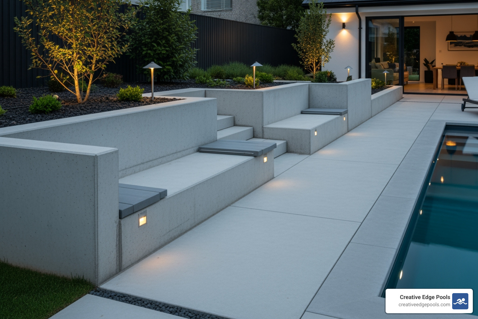 retaining wall with integrated seating - concrete pool retaining wall