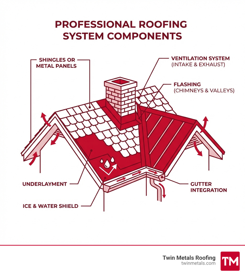 Infographic showing the essential components of a professional roofing system including underlayment, shingles or metal panels, ventilation system, flashing around chimneys and valleys, gutter integration, and ice and water shield protection - South End roofing infographic 