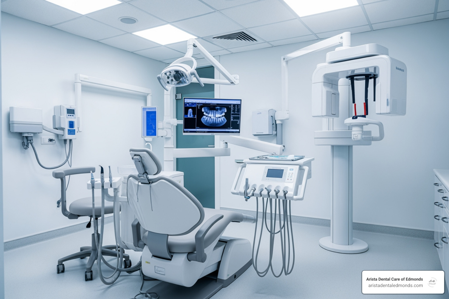 modern dental treatment room - dentist in edmonds washington Modern dental office interior featuring a dental chair, advanced imaging equipment, and a monitor displaying dental X-rays, emphasizing patient-centered care and technology at Arista Dental Care in Edmonds, Washington.