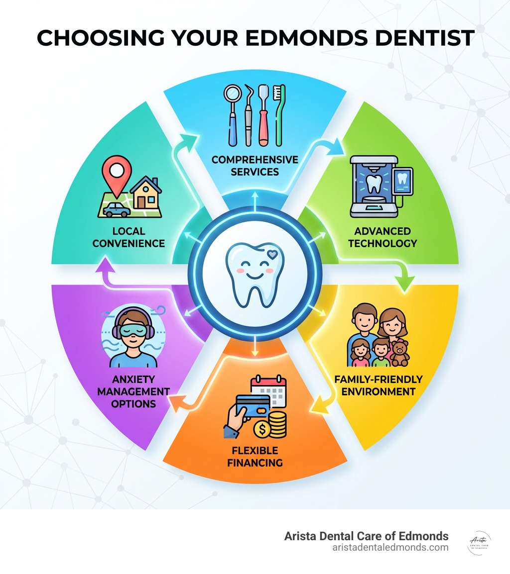 infographic showing key factors in choosing an edmonds dentist: comprehensive services, advanced technology, family-friendly environment, flexible financing, anxiety management options, and local convenience - dentist in edmonds washington infographic Infographic illustrating key factors for choosing a dentist in Edmonds, featuring a central smiling tooth icon surrounded by icons representing comprehensive services, advanced technology, local convenience, anxiety management options, flexible financing, and a family-friendly environment, branded for Arista Dental Care of Edmonds.