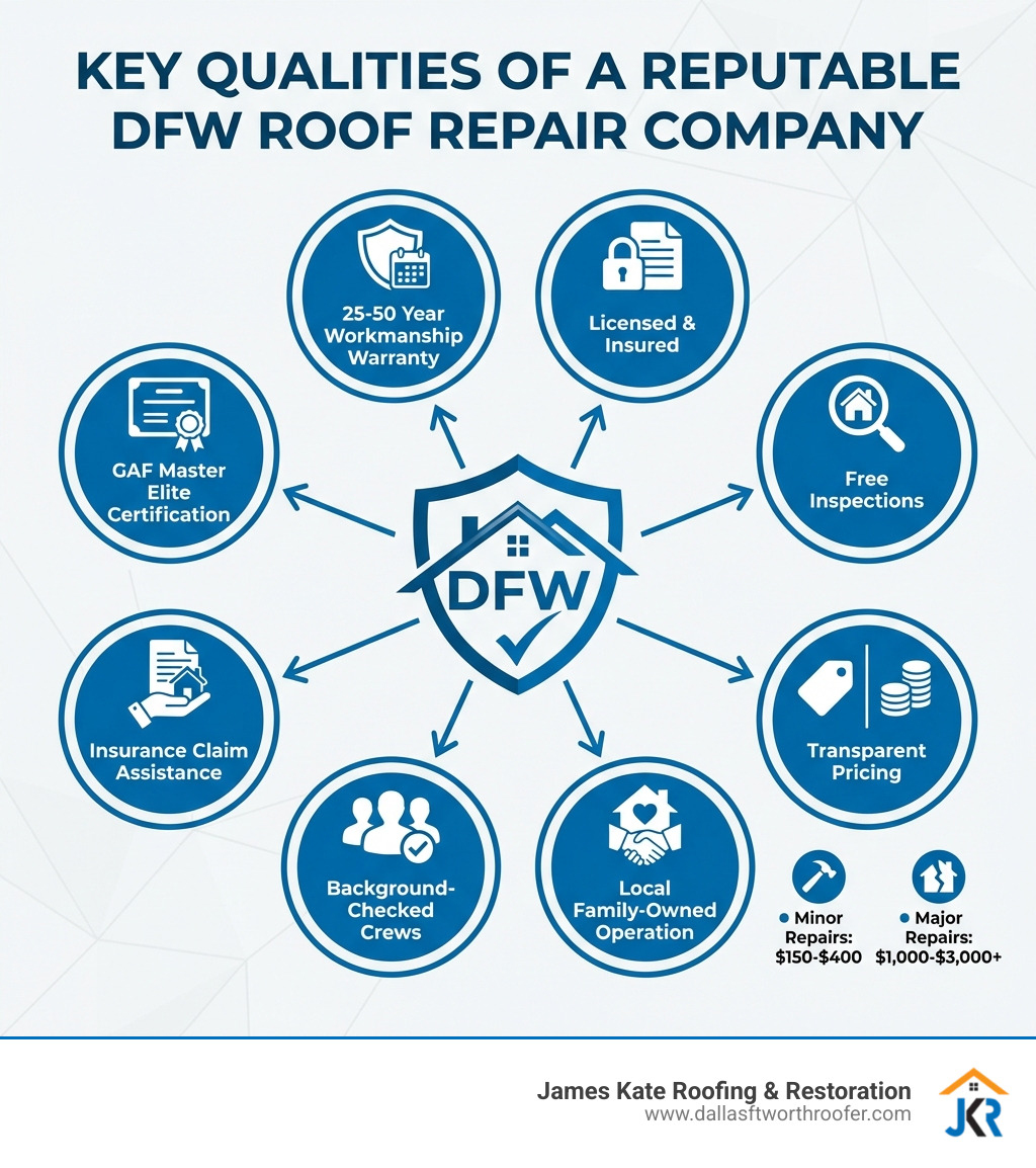 infographic showing key qualities of a reputable DFW roof repair company including GAF Master Elite certification, 25-50 year workmanship warranty, licensed and insured status, free inspections, insurance claim assistance, background-checked crews, local family-owned operation, and transparent pricing for minor repairs 150-400 dollars and major repairs 1000-3000 dollars - dfw roof repair company infographic infographic showing key qualities of a reputable DFW roof repair company including GAF Master Elite certification, 25-50 year workmanship warranty, licensed and insured status, free inspections, insurance claim assistance, background-checked crews, local family-owned operation, and transparent pricing for minor repairs 150-400 dollars and major repairs 1000-3000 dollars - dfw roof repair company infographic