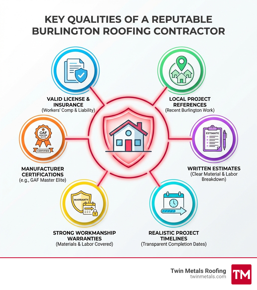 Infographic showing key qualities of a reputable Burlington roofing contractor: valid license and insurance, local project references, manufacturer certifications like GAF Master Elite, written estimates with material details, strong workmanship warranties, and realistic project timelines - Roofing contractor Burlington MA infographic 