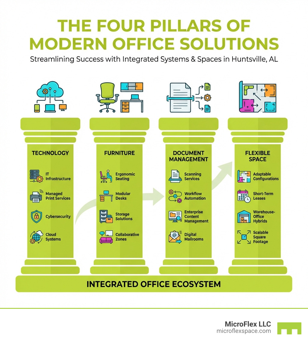 Infographic showing the four pillars of office solutions: Technology pillar includes IT infrastructure, managed print services, cybersecurity, and cloud systems; Furniture pillar includes ergonomic seating, modular desks, storage solutions, and collaborative zones; Document Management pillar includes scanning services, workflow automation, enterprise content management, and digital mailrooms; Flexible Space pillar includes adaptable configurations, short-term leases, warehouse-office hybrids, and scalable square footage - office solutions Huntsville AL infographic Infographic showing the four pillars of office solutions: Technology pillar includes IT infrastructure, managed print services, cybersecurity, and cloud systems; Furniture pillar includes ergonomic seating, modular desks, storage solutions, and collaborative zones; Document Management pillar includes scanning services, workflow automation, enterprise content management, and digital mailrooms; Flexible Space pillar includes adaptable configurations, short-term leases, warehouse-office hybrids, and scalable square footage - office solutions Huntsville AL infographic