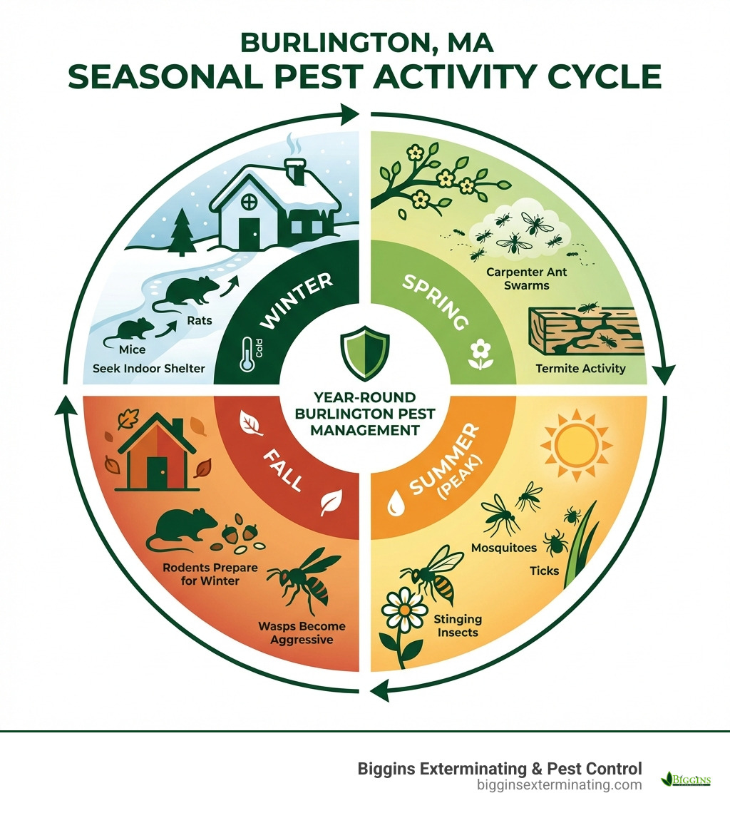 Infographic showing seasonal pest activity in Burlington MA: Winter features mice and rats seeking indoor shelter; Spring brings carpenter ant swarms and termite activity; Summer peaks with mosquitoes, ticks, and stinging insects; Fall sees rodents preparing for winter and wasps becoming aggressive - Burlington MA pest management infographic 