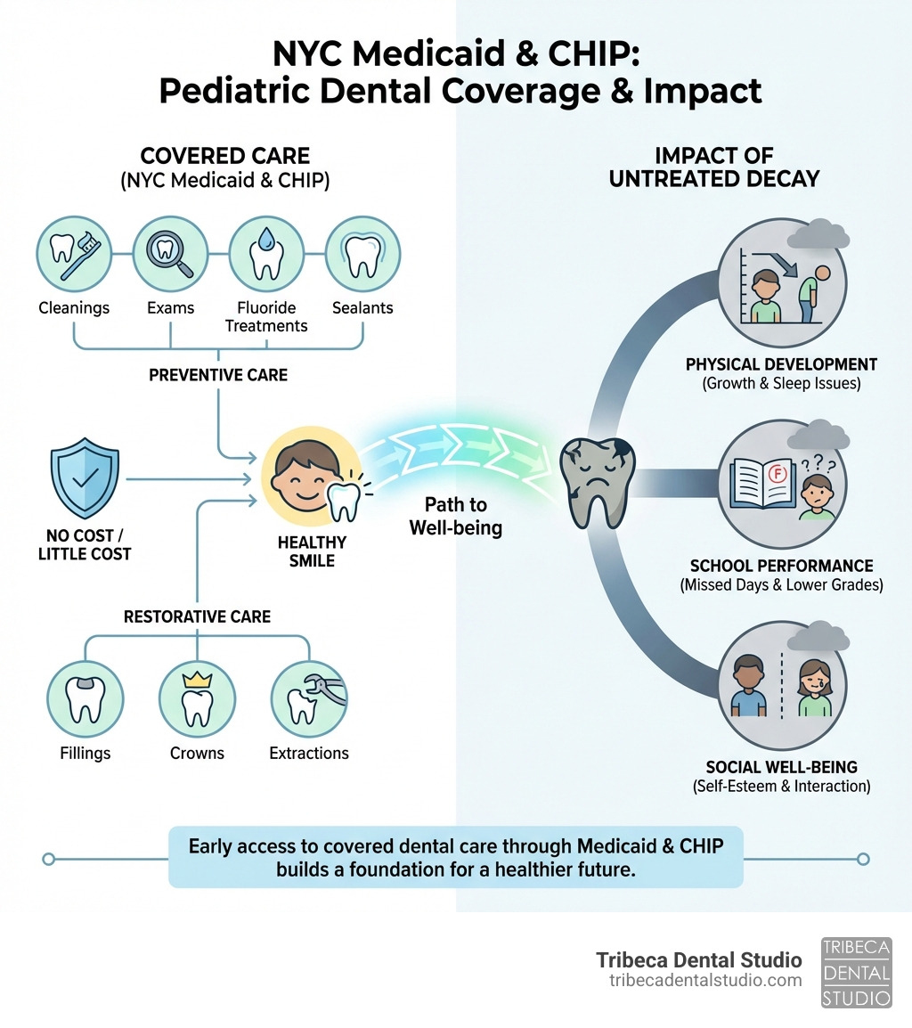 Infographic showing how Medicaid and CHIP cover pediatric dental services in NYC, including preventive care (cleanings, exams, fluoride treatments, sealants), restorative care (fillings, crowns, extractions), and the impact of untreated tooth decay on children's physical development, school performance, and social well-being - pediatric dentist nyc medicaid infographic 
