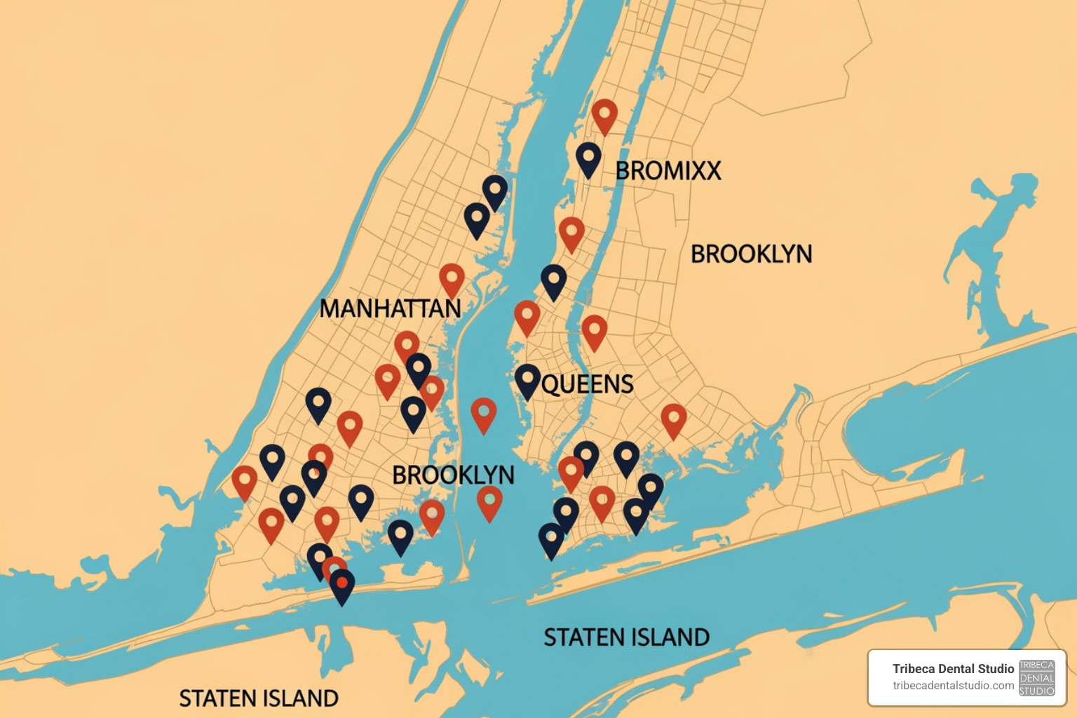 A map of New York City highlighting dental clinic locations in Manhattan, Bronx, Brooklyn, Queens, and Staten Island - pediatric dentist nyc medicaid