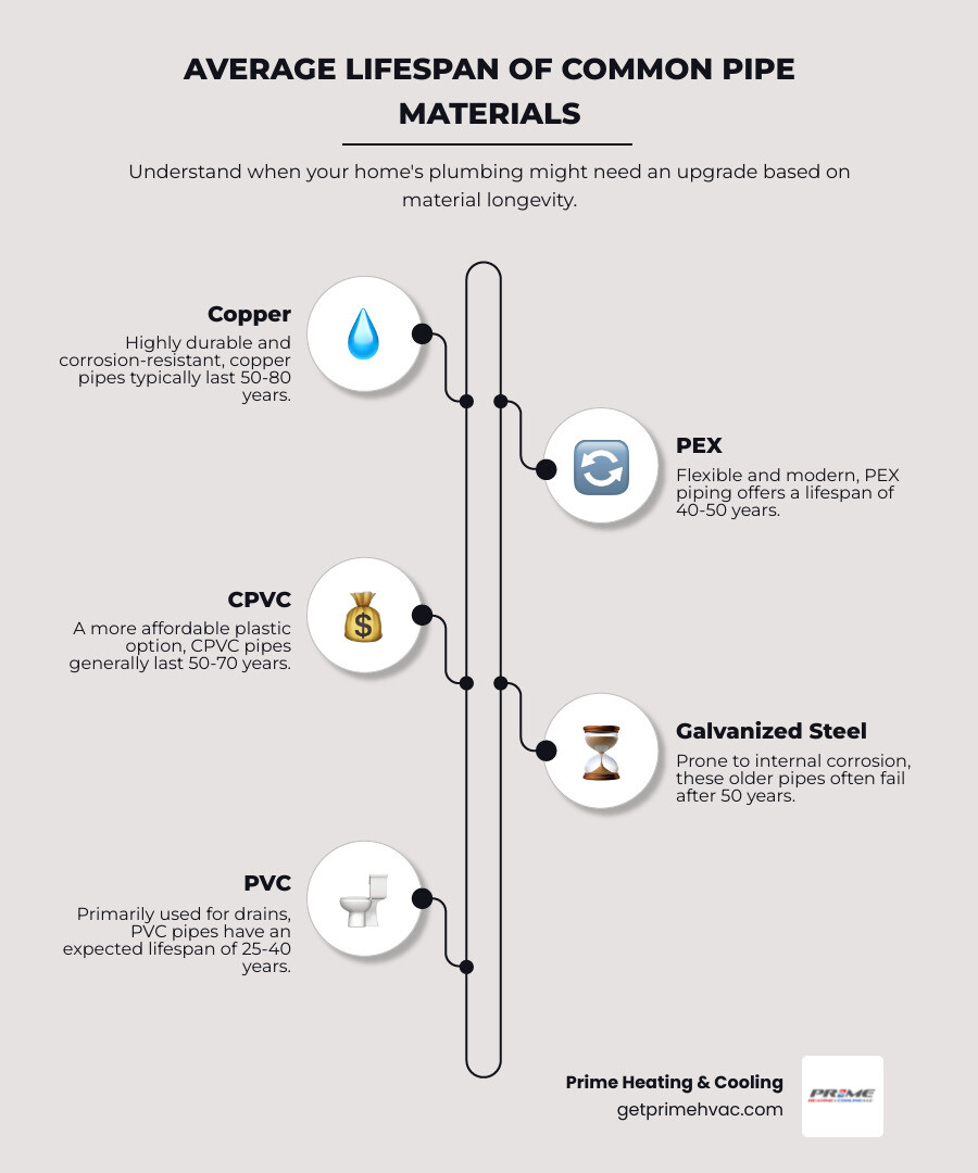 infographic showing average lifespan of pipe materials: copper 50-80 years, PEX 40-50 years, CPVC 50-70 years, galvanized steel up to 50 years, PVC 25-40 years, with visual indicators for when replacement becomes necessary based on home age and material type - Plumbing System Replacement infographic infographic-line-5-steps-elegant_beige