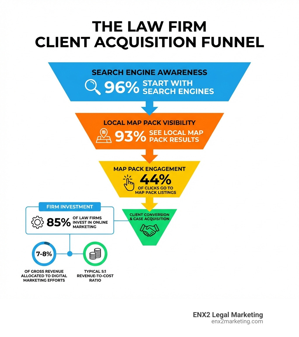 Infographic showing the client acquisition funnel for law firms: 96% start with search engines, 93% see local map pack results, 44% of clicks go to map pack listings, 85% of law firms invest in online marketing, with a typical 5:1 revenue-to-cost ratio and 7-8% of gross revenue allocated to digital marketing efforts - digital marketing for law firm infographic Infographic showing the client acquisition funnel for law firms: 96% start with search engines, 93% see local map pack results, 44% of clicks go to map pack listings, 85% of law firms invest in online marketing, with a typical 5:1 revenue-to-cost ratio and 7-8% of gross revenue allocated to digital marketing efforts - digital marketing for law firm infographic