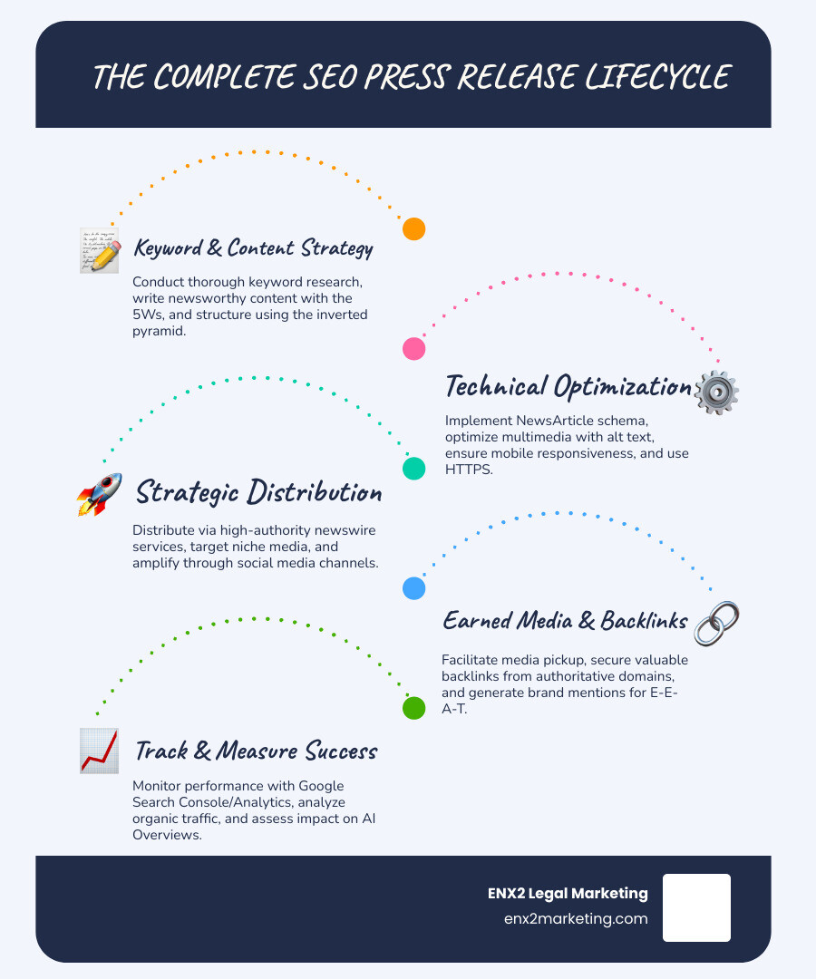 infographic showing the complete SEO press release lifecycle from keyword research through content creation, technical optimization, distribution across high-authority networks, media pickup, backlink generation, and long-term organic traffic growth with measurement KPIs - press release seo infographic infographic-line-5-steps-blues-accent_colors infographic showing the complete SEO press release lifecycle from keyword research through content creation, technical optimization, distribution across high-authority networks, media pickup, backlink generation, and long-term organic traffic growth with measurement KPIs - press release seo infographic infographic-line-5-steps-blues-accent_colors
