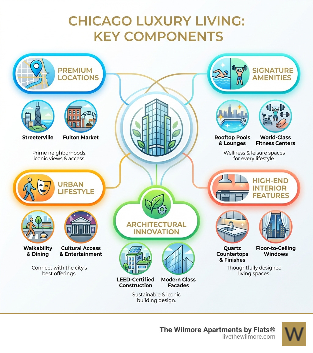 Infographic showing the key components of luxury apartment living in Chicago: premium locations across neighborhoods like Streeterville and Fulton Market, signature amenities including rooftop pools and fitness centers, high-end interior features such as quartz countertops and floor-to-ceiling windows, architectural innovation from LEED-certified construction, and urban lifestyle benefits including walkability and cultural access - Chicago luxury apartment infographic Infographic showing the key components of luxury apartment living in Chicago: premium locations across neighborhoods like Streeterville and Fulton Market, signature amenities including rooftop pools and fitness centers, high-end interior features such as quartz countertops and floor-to-ceiling windows, architectural innovation from LEED-certified construction, and urban lifestyle benefits including walkability and cultural access - Chicago luxury apartment infographic
