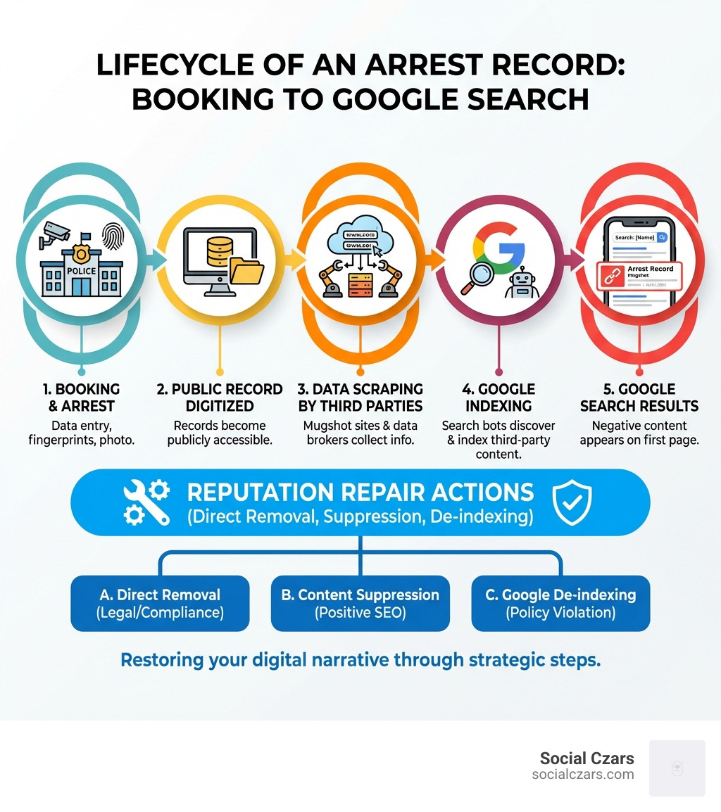 infographic showing the lifecycle of an arrest record from booking to appearing in Google search results - Google Reputation Repair for Arrests infographic infographic showing the lifecycle of an arrest record from booking to appearing in Google search results - Google Reputation Repair for Arrests infographic