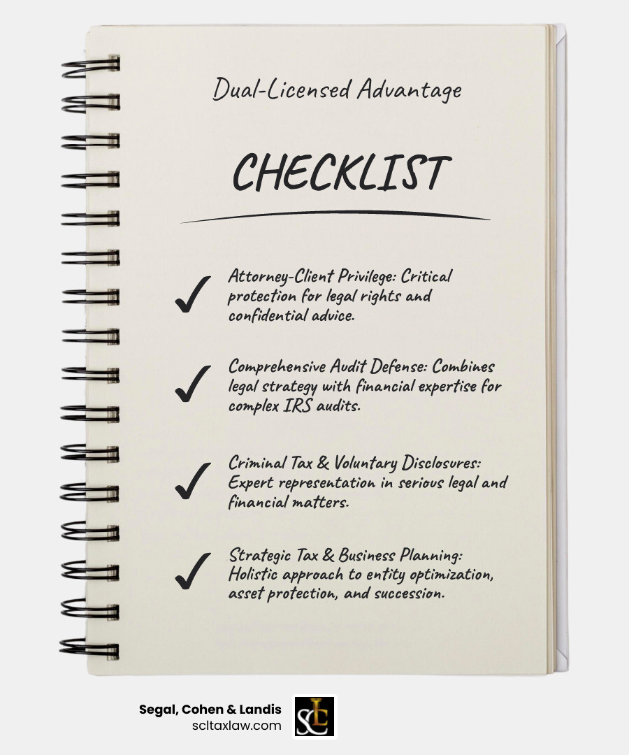infographic showing the benefits of hiring a dual-licensed tax attorney-cpa: attorney-client privilege protection, comprehensive audit defense, criminal tax investigation representation, business entity optimization, voluntary disclosure expertise, IRS negotiation with financial documentation, and streamlined communication between legal and accounting functions - tax attorney-cpa near me infographic checklist-notebook