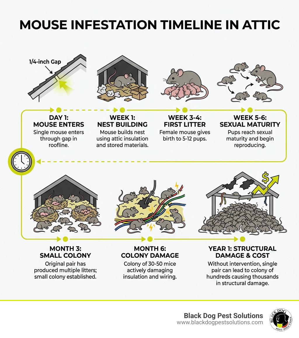 Infographic showing mouse infestation timeline: Day 1 - Mouse enters through quarter-inch gap in roofline; Week 1 - Mouse builds nest using attic insulation and stored materials; Week 3-4 - Female mouse gives birth to 5-12 pups; Week 5-6 - Pups reach sexual maturity and begin reproducing; Month 3 - Original pair has produced multiple litters; small colony established; Month 6 - Colony of 30-50 mice actively damaging insulation and wiring; Year 1 - Without intervention single pair can lead to colony of hundreds causing thousands in structural damage - mice in attic removal infographic Infographic showing mouse infestation timeline: Day 1 - Mouse enters through quarter-inch gap in roofline; Week 1 - Mouse builds nest using attic insulation and stored materials; Week 3-4 - Female mouse gives birth to 5-12 pups; Week 5-6 - Pups reach sexual maturity and begin reproducing; Month 3 - Original pair has produced multiple litters; small colony established; Month 6 - Colony of 30-50 mice actively damaging insulation and wiring; Year 1 - Without intervention single pair can lead to colony of hundreds causing thousands in structural damage - mice in attic removal infographic