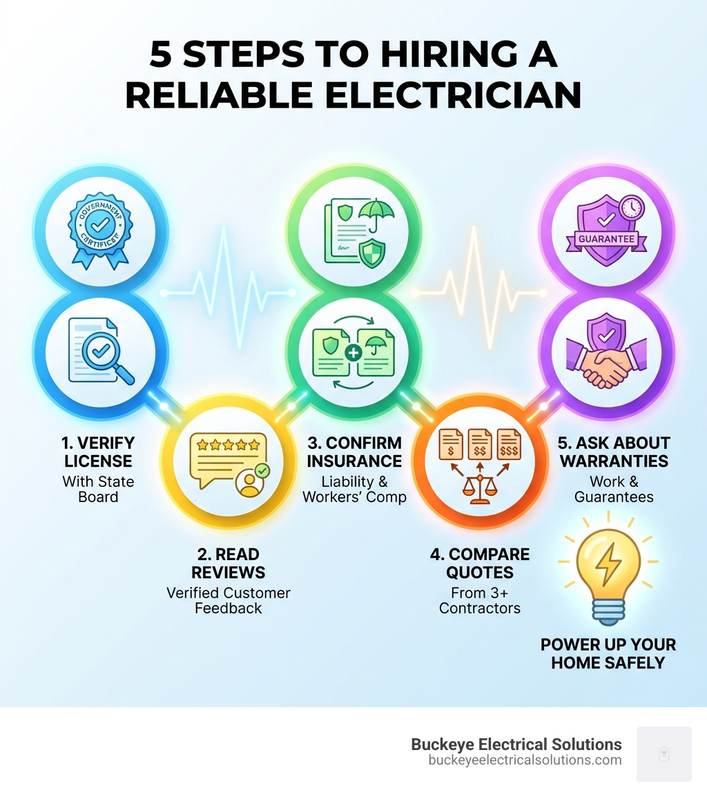infographic showing 5 steps to hiring an electrician: verify license with state board, read verified customer reviews, confirm liability and workers comp insurance, compare written quotes from 3+ contractors, and ask about work warranties and guarantees - electricians near me infographic 
