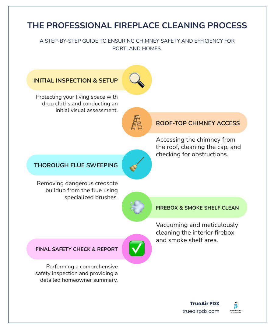 Infographic showing the professional fireplace cleaning process in Portland: Step 1 - Initial inspection and equipment setup with drop cloths; Step 2 - Roof access and chimney cap cleaning; Step 3 - Flue sweeping from top down using professional brushes; Step 4 - Smoke shelf and firebox vacuuming; Step 5 - Final safety inspection and homeowner report - fireplace cleaning Portland infographic infographic-line-5-steps-colors Infographic showing the professional fireplace cleaning process in Portland: Step 1 - Initial inspection and equipment setup with drop cloths; Step 2 - Roof access and chimney cap cleaning; Step 3 - Flue sweeping from top down using professional brushes; Step 4 - Smoke shelf and firebox vacuuming; Step 5 - Final safety inspection and homeowner report - fireplace cleaning Portland infographic infographic-line-5-steps-colors