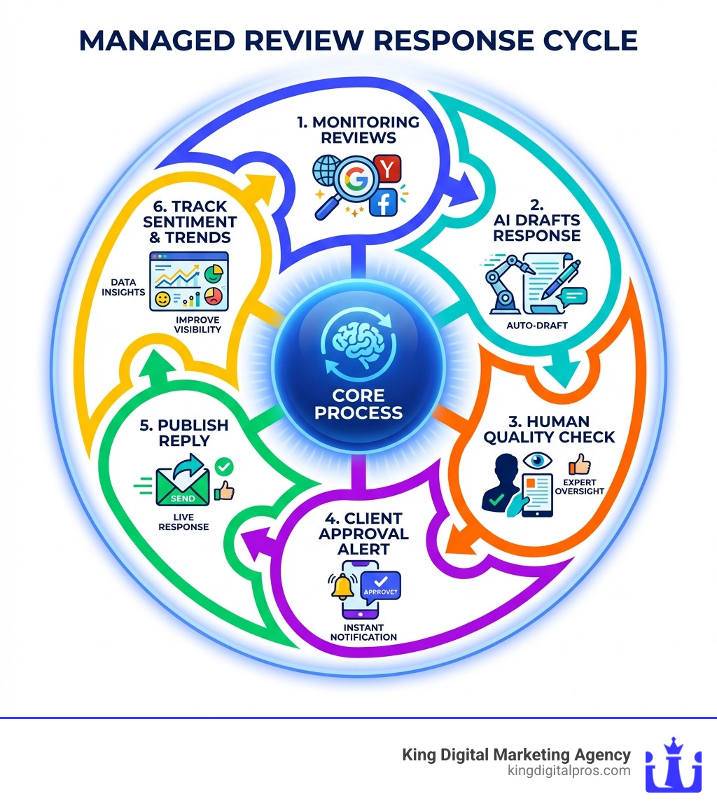 Infographic Showing The Managed Review Response Cycle: Monitoring Reviews, Ai Drafts Response, Human Quality Check, Client Approval Alert, Publish Reply, Track Sentiment And Trends - Managed Review Response Service Infographic 