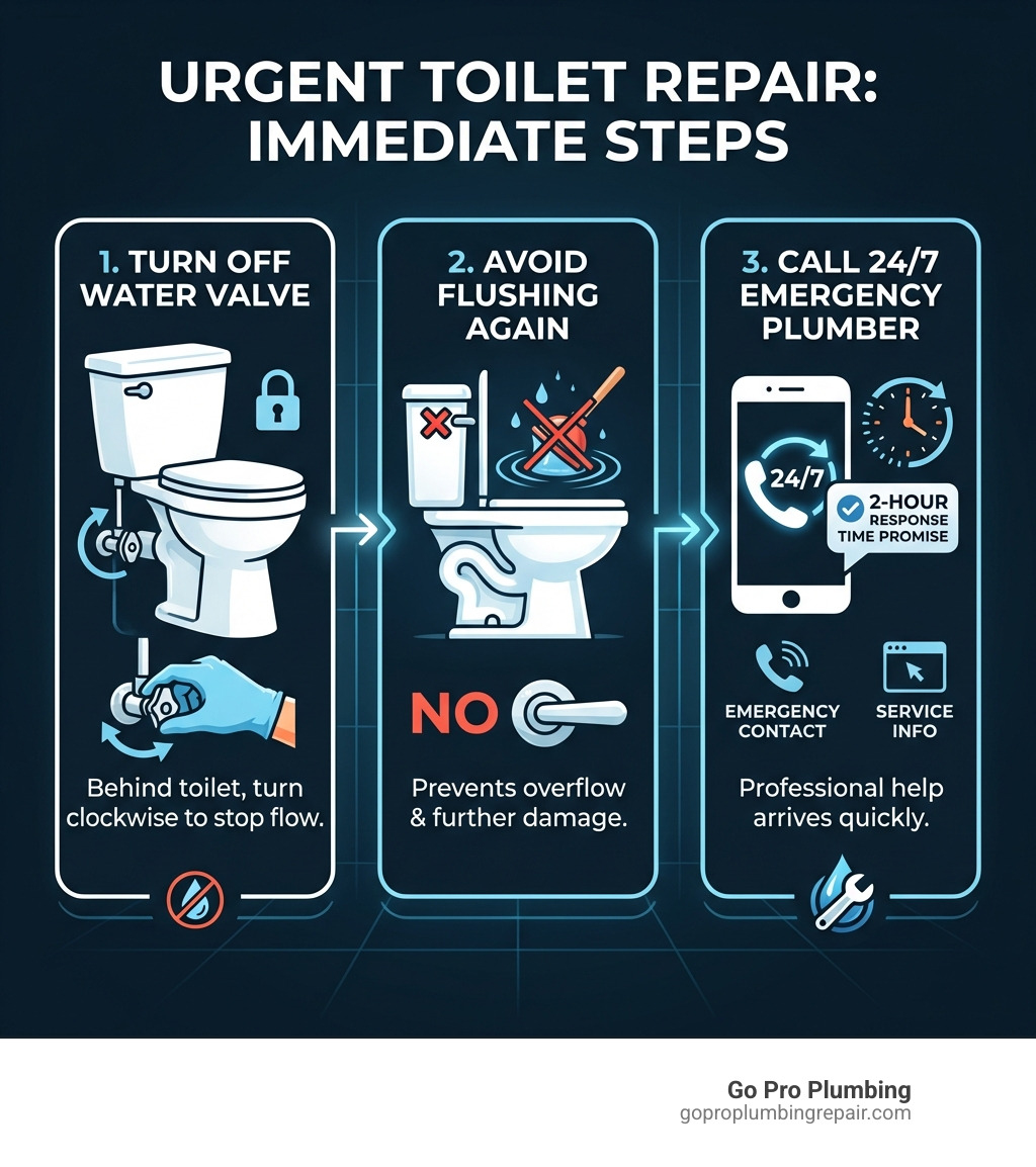 infographic showing three emergency steps: 1. Turn off water valve behind toilet, 2. Avoid flushing again, 3. Call 24/7 emergency plumber with contact information and two-hour response time promise - urgent toilet repair infographic 