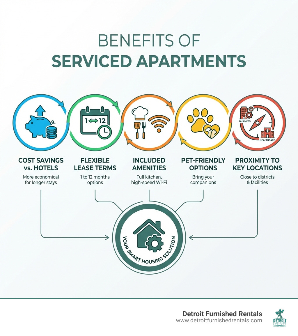 Infographic showing benefits of serviced apartments: cost savings compared to hotels, flexible lease terms from 1-12 months, included amenities like kitchen and Wi-Fi, pet-friendly options, and proximity to business districts and healthcare facilities - serviced apartments Detroit infographic 