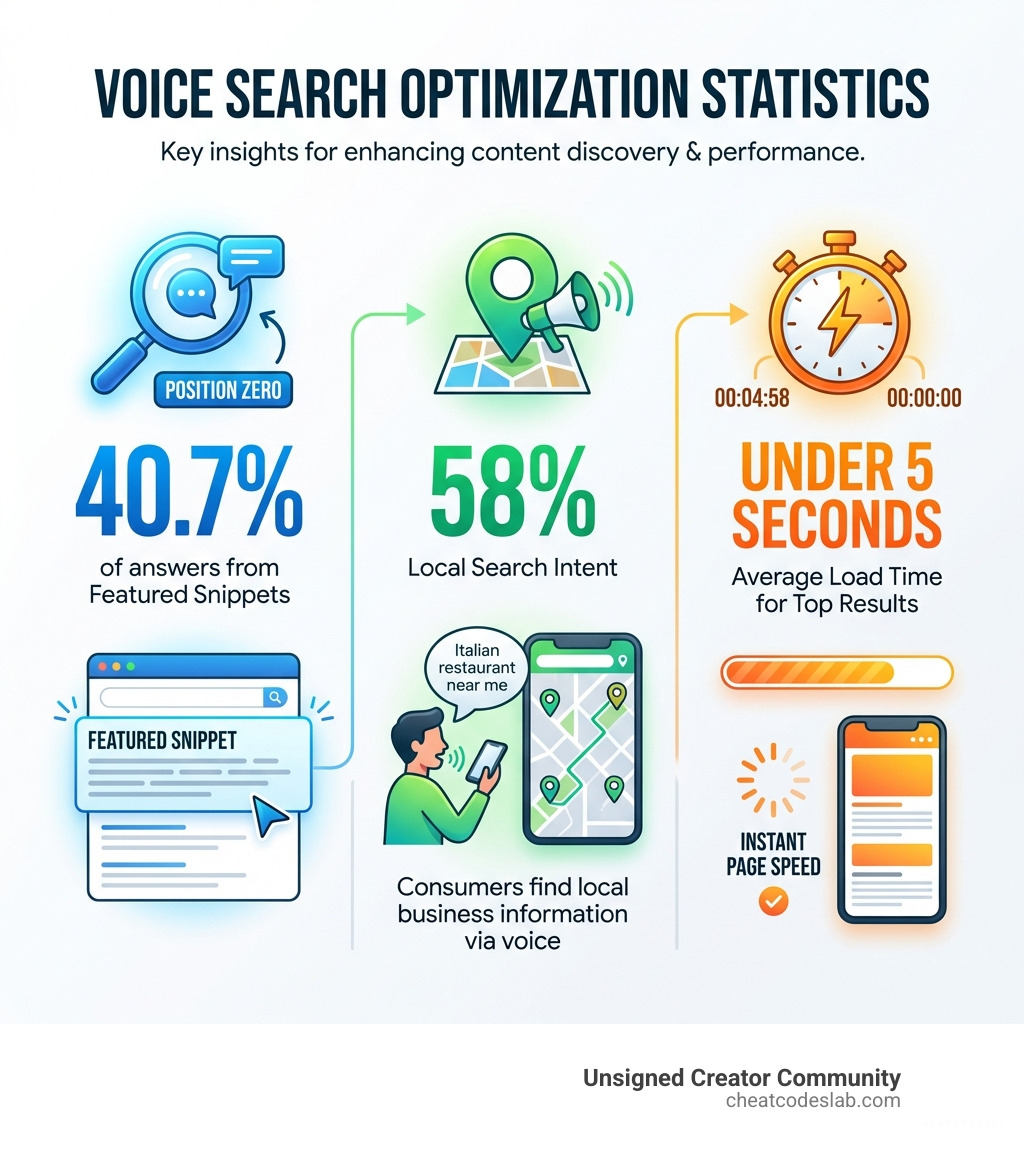infographic showing voice search optimization statistics including 40.7% of answers from featured snippets, 58% local intent, and under 5 second load times - Voice search SEO tips infographic 