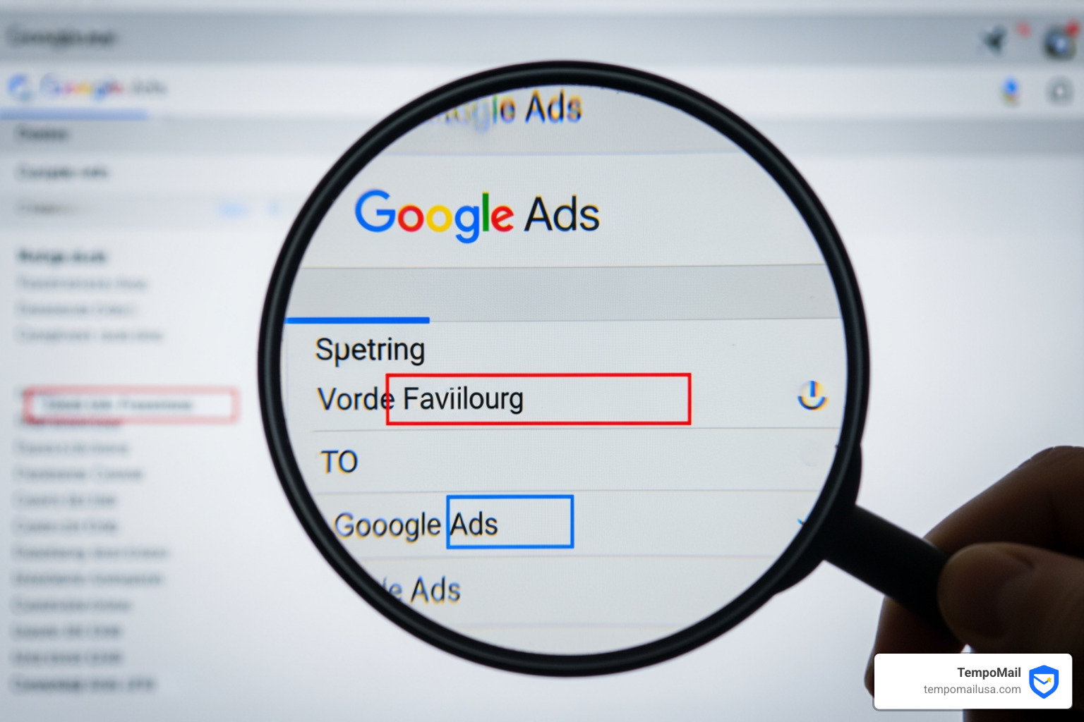 Magnifying glass examining a computer screen displaying Google Ads with suspicious activity highlighted - google click fraud Magnifying glass examining a computer screen displaying Google Ads with suspicious activity highlighted - google click fraud