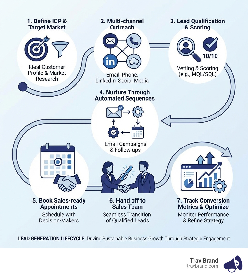 Infographic showing the lead generation lifecycle: 1) Define ICP and target market, 2) Multi-channel outreach (email, phone, LinkedIn, social), 3) Lead qualification and scoring, 4) Nurture through automated sequences, 5) Book sales-ready appointments, 6) Hand off to sales team, 7) Track conversion metrics and optimize - Lead generation services infographic 