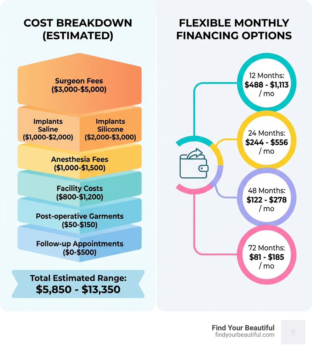 Infographic showing the breakdown of breast augmentation costs: surgeon fees ($3,000-$5,000), anesthesia fees ($1,000-$1,500), facility costs ($800-$1,200), implants ($1,000-$2,000 for saline or $2,000-$3,000 for silicone), post-operative garments ($50-$150), and follow-up appointments ($0-$500). Total estimated range: $5,850-$13,350. Monthly financing options shown: 12 months ($488-$1,113), 24 months ($244-$556), 48 months ($122-$278), and 72 months ($81-$185). - breast augmentation financing plans infographic 