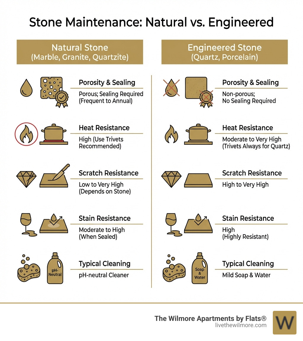 table comparing maintenance requirements for natural vs engineered stone - Luxury countertop materials infographic 