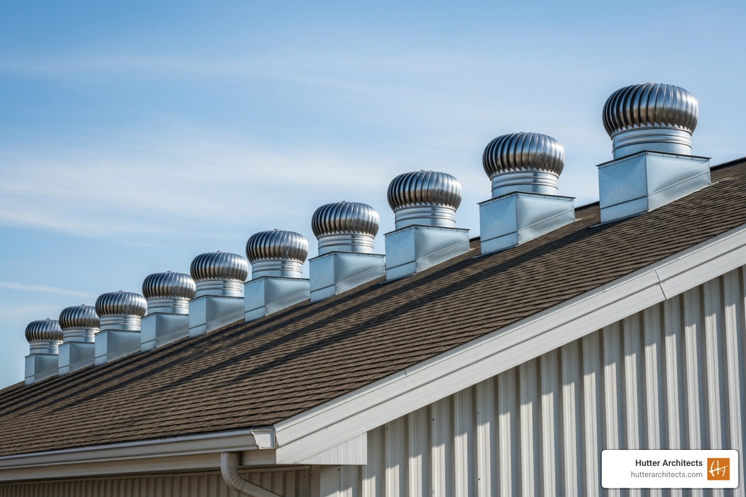 industrial turbine vents on a roof ridgeline - passive air movement industrial turbine vents on a roof ridgeline - passive air movement