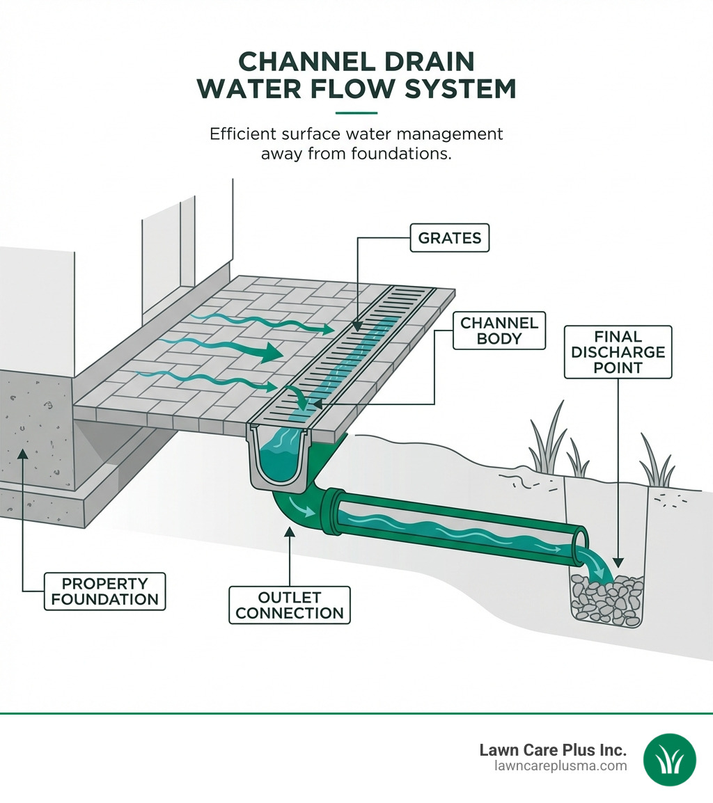 infographic showing how water flows from hardscapes through channel drains into underground drainage pipes and away from property foundations, with labeled components including grates, channel body, outlet connection, and final discharge point - channel drains for yards infographic 