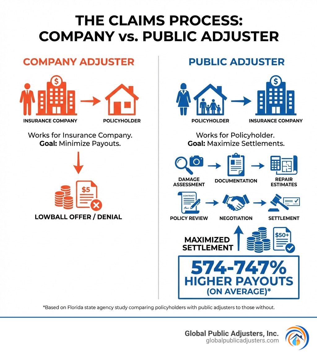 Infographic showing the claims process: Company Adjuster works for the insurance company to minimize payouts, while Public Adjuster works for the policyholder to maximize settlements. Public adjusters handle documentation, damage assessment, repair estimates, policy review, negotiation, and settlement, resulting in 574-747% higher payouts on average. - public adjusters cape coral infographic 