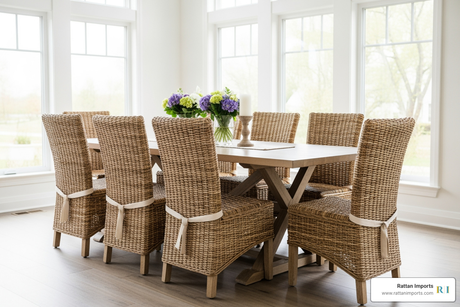 indoor wicker dining chairs in a bright dining room - indoor wicker dining chairs