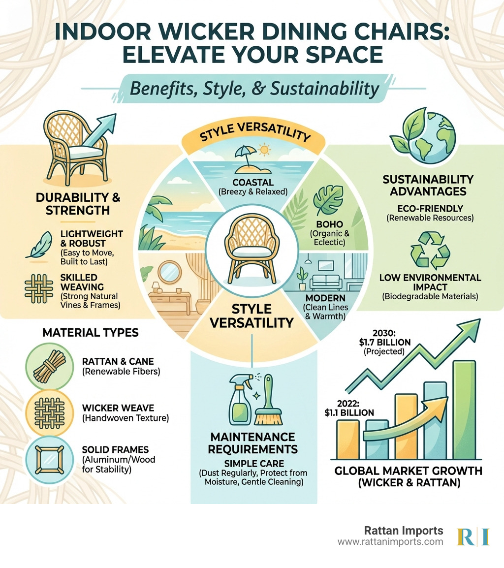 infographic showing benefits of indoor wicker dining chairs including durability statistics, material types, style versatility, maintenance requirements, and sustainability advantages with market growth projections - indoor wicker dining chairs infographic 
