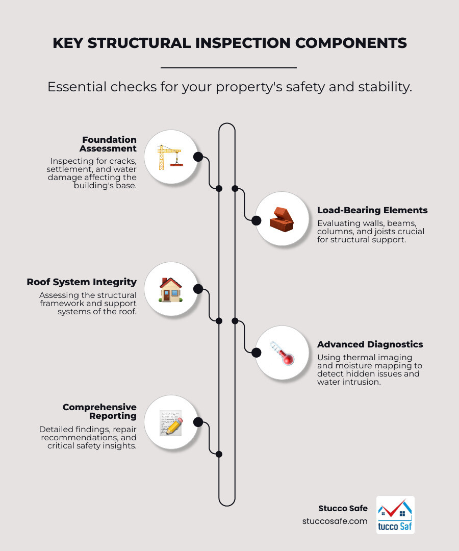 Infographic showing the primary components of a structural building inspection: foundation assessment checking for cracks and settlement, load-bearing walls and beams evaluation, roof system structural integrity, floor joists and trusses inspection, moisture detection using thermal imaging, and final reporting with repair recommendations - Structural building inspections infographic infographic-line-5-steps-elegant_beige Infographic showing the primary components of a structural building inspection: foundation assessment checking for cracks and settlement, load-bearing walls and beams evaluation, roof system structural integrity, floor joists and trusses inspection, moisture detection using thermal imaging, and final reporting with repair recommendations - Structural building inspections infographic infographic-line-5-steps-elegant_beige