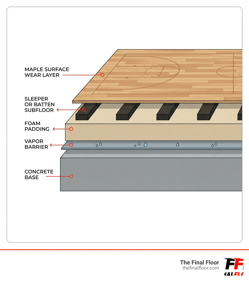 detailed infographic showing cross-section layers of wood gym floor system including maple surface wear layer sleeper or batten subfloor foam padding vapor barrier and concrete base with labels for each component - wood gym floors infographic detailed infographic showing cross-section layers of wood gym floor system including maple surface wear layer sleeper or batten subfloor foam padding vapor barrier and concrete base with labels for each component - wood gym floors infographic