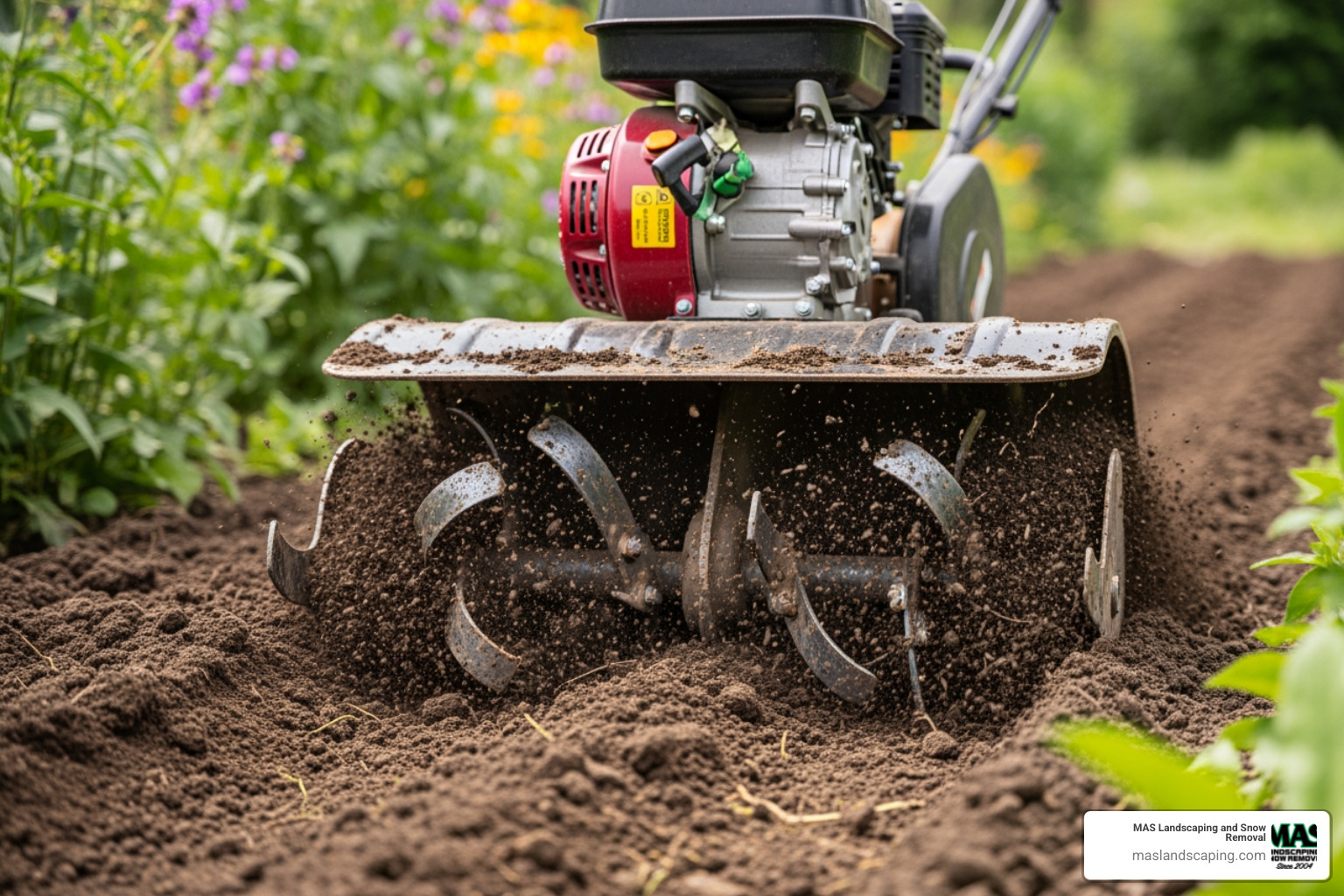 a rototiller loosening garden soil - putting in new sod