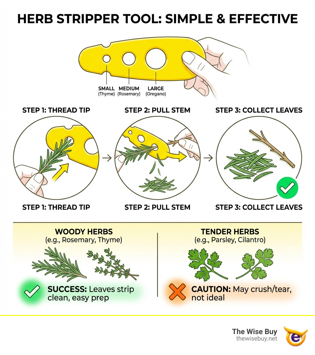 infographic showing herb stripper tool with labeled holes for different stem sizes, step-by-step process of threading rosemary stem through appropriate hole from tip to base, and comparison of woody herbs versus tender herbs with success indicators - herb stripper tool infographic infographic showing herb stripper tool with labeled holes for different stem sizes, step-by-step process of threading rosemary stem through appropriate hole from tip to base, and comparison of woody herbs versus tender herbs with success indicators - herb stripper tool infographic