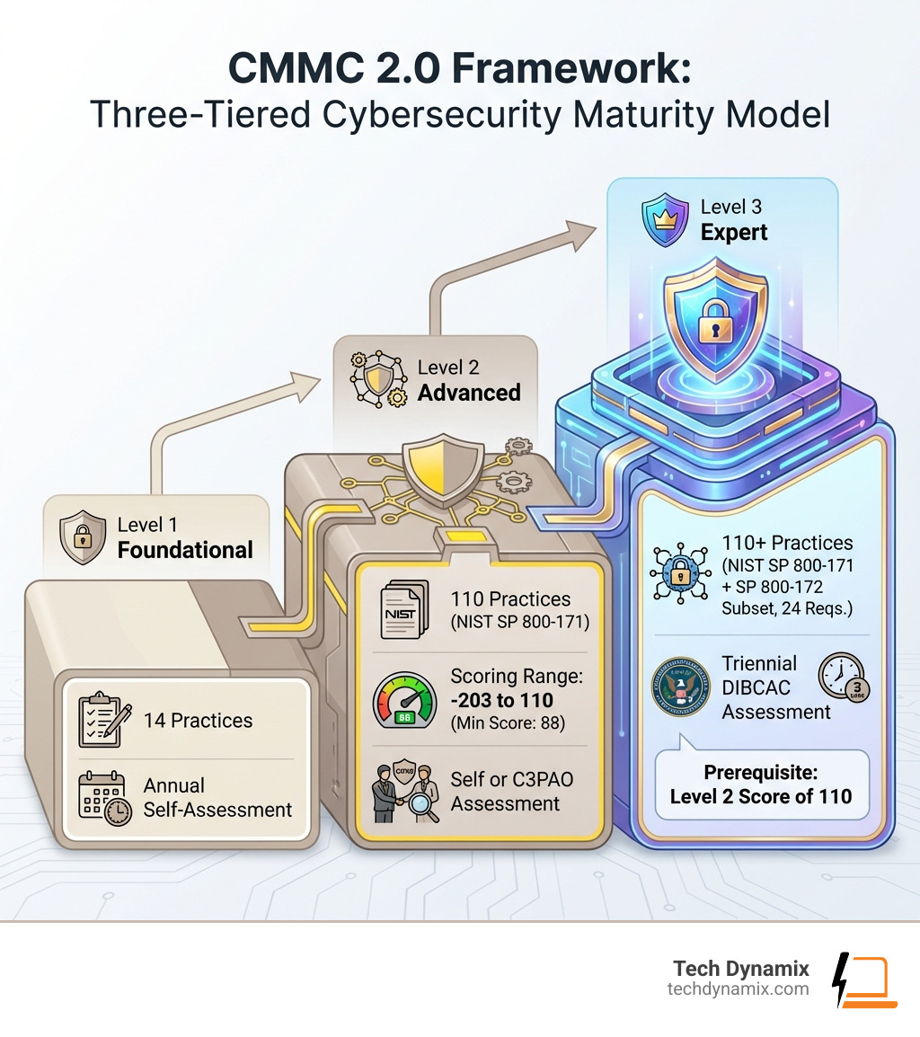 Infographic showing the CMMC 2.0 framework with three levels: Level 1 (Foundational - 14 practices, annual self-assessment), Level 2 (Advanced - 110 practices from NIST SP 800-171, scoring range -203 to 110 with minimum score 88, self or C3PAO assessment), and Level 3 (Expert - 110+ practices including NIST SP 800-172 subset, 24 requirements, triennial DIBCAC assessment, prerequisite Level 2 score of 110) - cmmc infographic 
