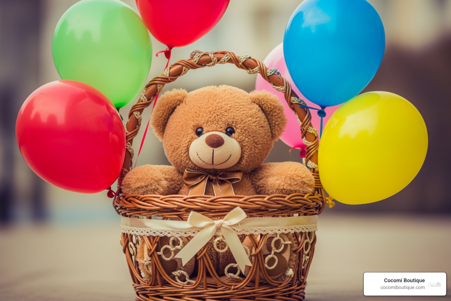teddy bear in basket with balloons